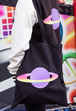 PLANET PURPLE CANDY BLACK TOTE BAG