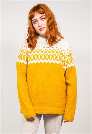 VTG 90'S MUSTARD YELLOW FAIRISLE PATTERN KNIT WOOL JUMPER