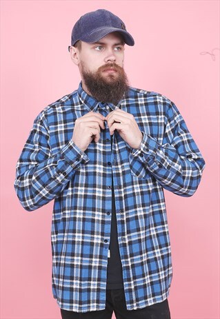 VINTAGE BLUE CHECK FLANNEL SHIRT /R12108