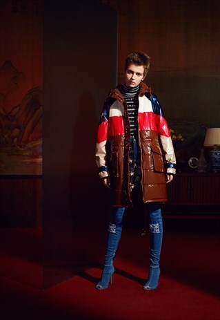 WINTER PARKA COAT, BROWN RED WHITE