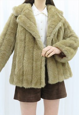 70s Vintage Beige Faux Fur Jacket Coat