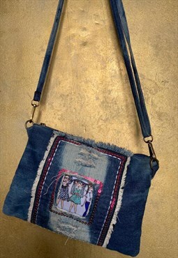 Denim Zip  80's Fashion Girl Shoulder bag. Clip  Straps 