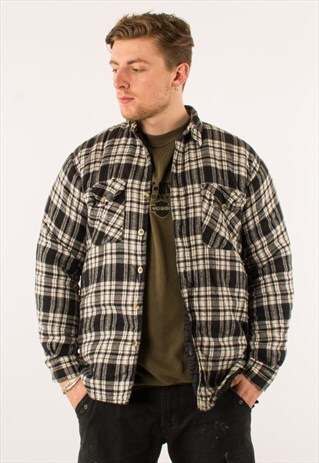 VINTAGE BLACK WHITE QUILTED FLANNEL SHIRT LARGE