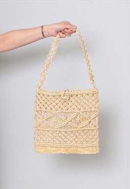70's Vintage Ladies Beige Summer Straw Bag 