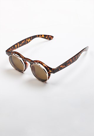 Steampunk flip up circular glasses -Tortoiseshell/Gold/Brown
