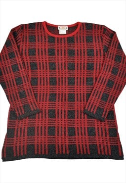 Vintage Sweater Retro Check Pattern Grey/Red Ladies Large