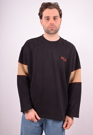 FILA MENS VINTAGE SWEATSHIRT JUMPER LARGE BLACK 90S