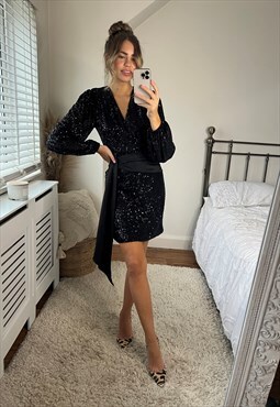 Daphne Sequin Wrap Dress in Black