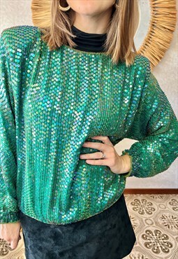 70's vintage green sequin blouse with multicolor glass beads
