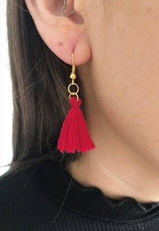 RED TASSEL EARRINGS, GOLD EARRINGS, RED ACCESSORIES,