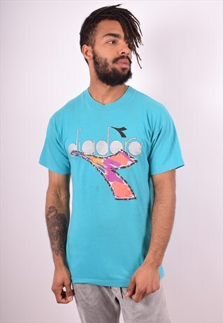 DIADORA MENS VINTAGE T-SHIRT TOP MEDIUM BLUE 90S