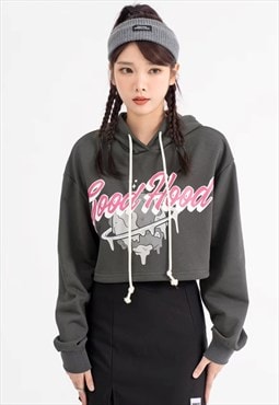 Crop hood planet print top retro slogan pullover in grey
