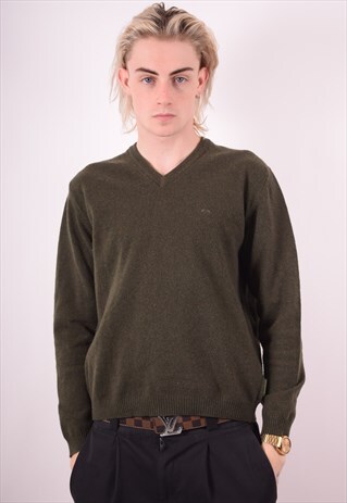 THOMAS BURBERRY MENS VINTAGE JUMPER SWEATER LARGE GREEN 90S