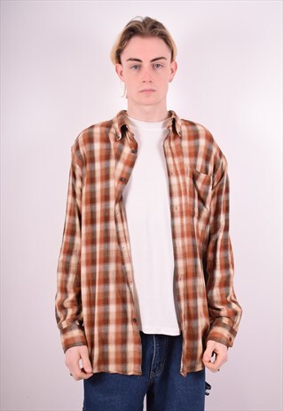 MENS VINTAGE SHIRT LARGE BROWN CHECK 90S