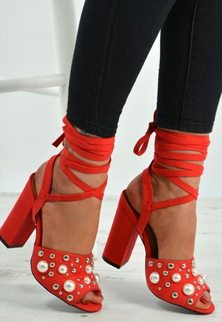 RED PEEP TOE PEARL STUDS BLOCK HEEL ANKLE SANDALS SHOES