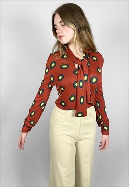 70's Balmex Ladies Vintage Brown Spot Pussy Bow Blouse