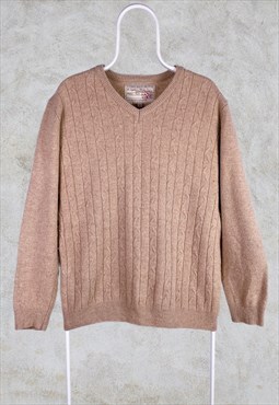 Sandstone Lambswool Wool Jumper Cable Knit Beige Large