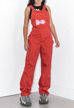 Vintage 90s Wide Leg Dungaree in Red With a Girly Patch