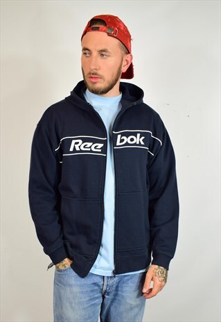 VINTAGE 90S REEBOK NAVY BLUE SPELL OUT ZIP HOODED JACKET