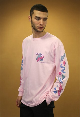 COLOURFUL 90S GEOMETRIC ON LIGHT PINK LONG SLEEVED T-SHIRT