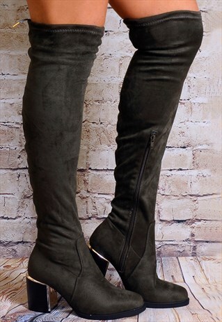 KHAKI GREEN OVER THE KNEE STRETCH BOOTS