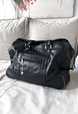 Novi 80s Black Leather Weekender Travel Duffle Bag 