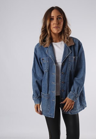 VINTAGE DENIM JACKET CHECKED LINED LONGLINE LONG UK 10 (JQDM