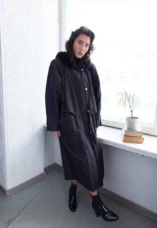 VINTAGE 80'S BLACK HOODED COAT