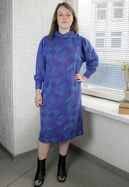 Vintage 70's Purple Abstract Print Midi Long Sleeved Dress
