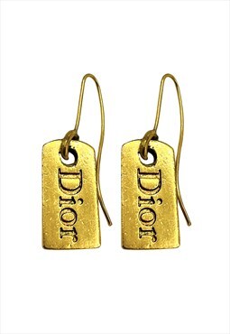 Christian Dior Earrings Gold Tag Logo Monogram Vintage 