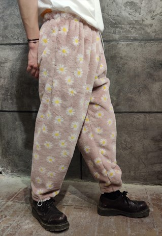 FLORAL FLEECE JOGGERS HANDMADE 70S DAISY OVERALLS IN PINK