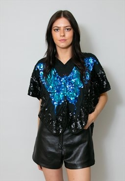 70's Vintage Butterfly Iconic Black Sequin Blue Top 