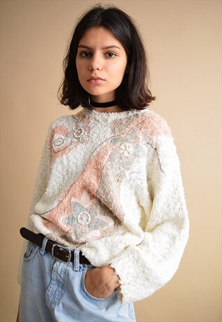 80'S PASTEL KNITTED FLORAL APPLIQUE OVERSIZED JUMPER
