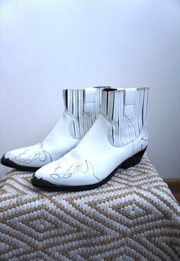 Vintage White Genuine Leather Cowboy Western Boots Shoes