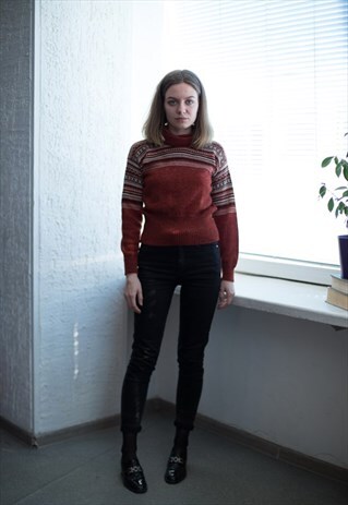 VINTAGE 70'S BROWN SCANDI STYLE PATTERNED TURTLE NECK JUMPER