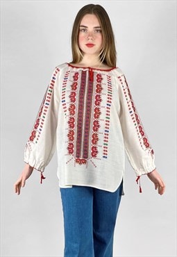 70's Vintage Long Sleeve White Red Embroidery Hippy Blouse
