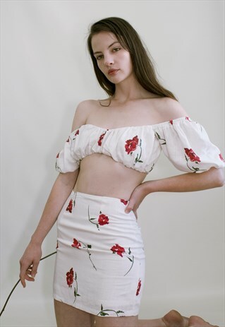 ALEXIA Y2K GIRL STYLE LINEN FLORAL PRINT CROP TOP