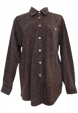 Vintage Shirt 90s Boho Brown Velour Floral Long Sleeve
