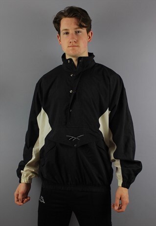 VINTAGE REEBOK 1/4 ZIP SHELL WINDBREAKER IN BLACK/WHITE WITH