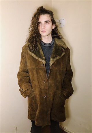 VINTAGE MOCCA FURRY COLLAR LEATHER COAT