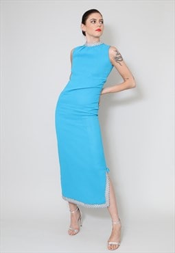 60's Ladies Vintage Dress Sleeveless Blue Silver Lurex Maxi