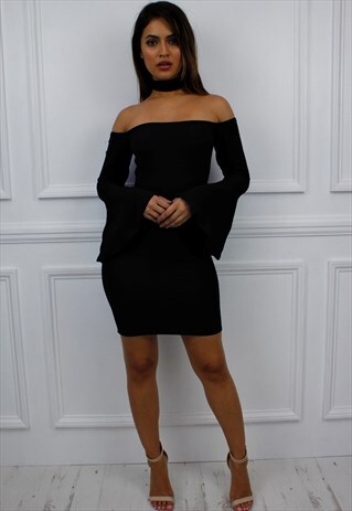 BLACK BARDOT OFF SHOULDER BELL SLEEVE BODYCON MINI DRESS