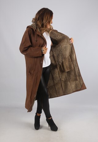 VINTAGE SHEEPSKIN LEATHER SHEARLING COAT LONG HOODED (J9BU)
