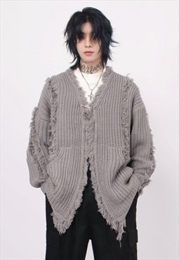 Ripped cardigan stripe textured jumper knitted punk top grey