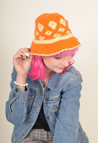 VINTAGE 90'S FLORAL KNITTED BUCKET PICNIC HAT ORANGE