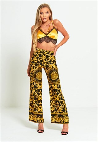 BLACK AND GOLD BAROQUE PRINT WIDE LEG TROUSERS