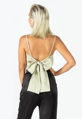 GLE LINEN CROP WITH BACK KNOT IN SAGE GREEN