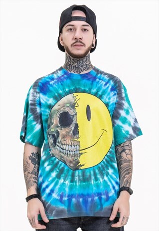 TRENDY TIE-DYE SKULL SMILEY PRINT T-SHIRT