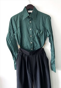 70s Unisex Green Cotton polka Dot Shirt Oxfords M