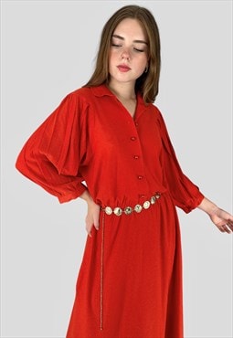 80's Red Vintage Batwing Ladies Midi Dress